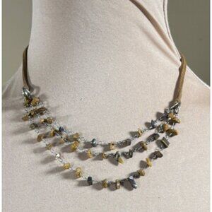 3 Strand Pebble Stone Necklace Choker Leather Silver Tone Brown